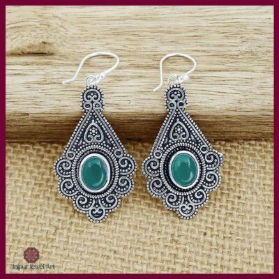 Green Jada boho silver earrings