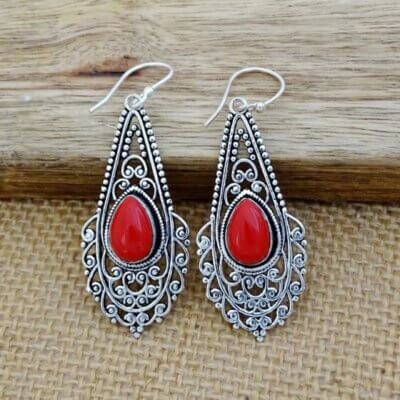 BE-08-a- Red Stone Tribal Silver Earrings