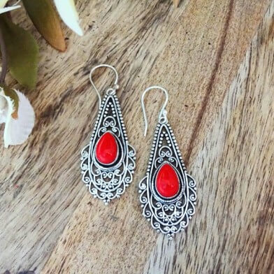 BE-08-b- Red Stone Tribal Silver Earrings
