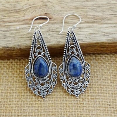Tribal Silver Lapiz Stone Earrings
