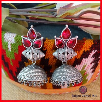 Ethnic Red Stone Oxidized Jhumka Earring