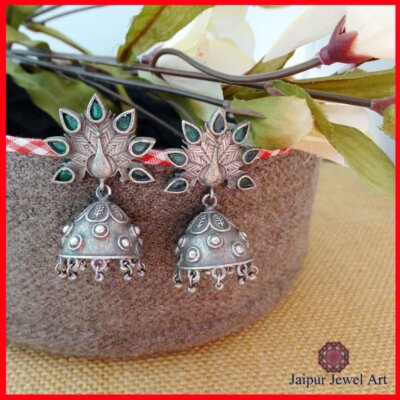 Ethnic Green Stone Oxidized Peacock Jhumka Earring