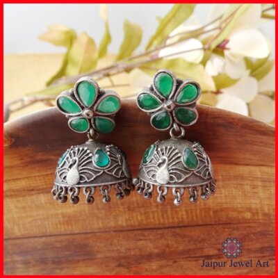 Ethnic Green Stone Oxidized Jhumka Earring