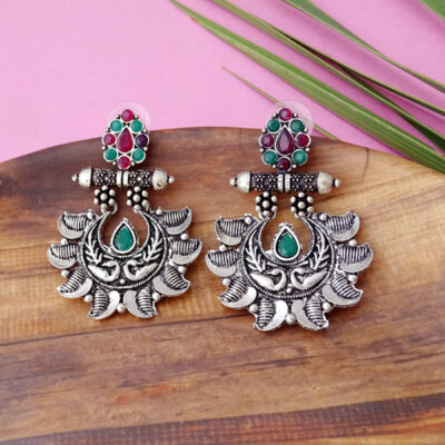 Ethnic Oxidized Stone Dangle Earrings