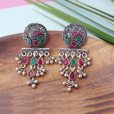 Ethnic Oxidized Stone Dangle Earrings