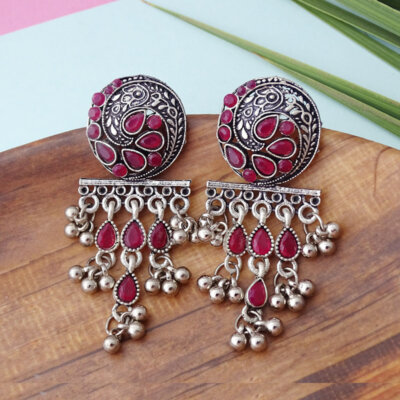 Ethnic Oxidized Stone Dangle Earrings