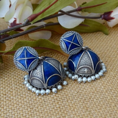 Blue Enamel Ethnic Jhumka Earrings