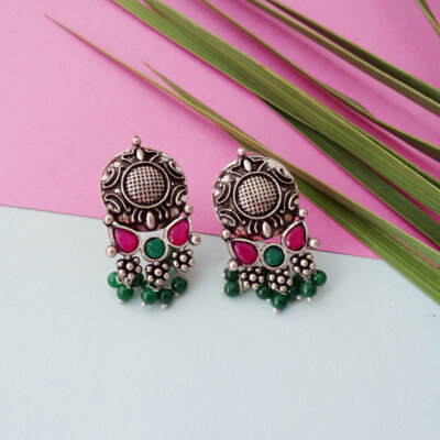 Ethnic Oxidized Stone Dangle Earrings