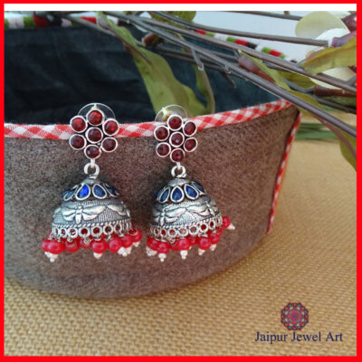 Ethnic Oxidized Stone Jhumka Earrings