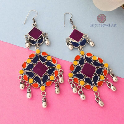 Hand Painted Enamel work Silver Oxidized Earrings