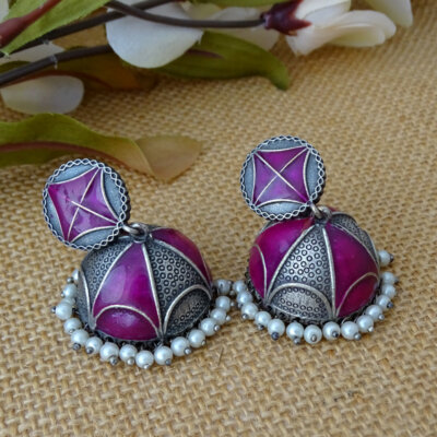 Pink Enamel Ethnic Jhumka Earrings
