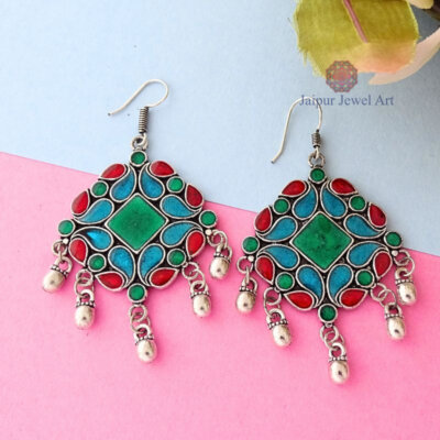 Hand Painted Enamel work Silver Oxidized Earrings
