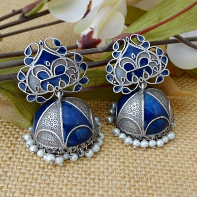 Blue Enamel Ethnic Jhumka Earrings