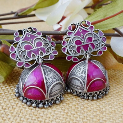 Pink Enamel Ethnic Jhumka Earrings