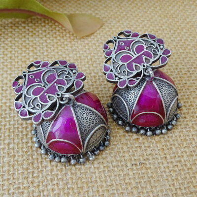 Pink Enamel Ethnic Jhumka Earrings