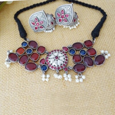 Silver Ethnic Oxidized Choker Fusion Necklace With Earrings