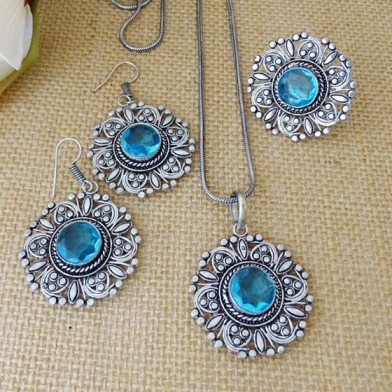Ethnic Blue Stone Oxidized silver Necklace with Earrings and Ring
