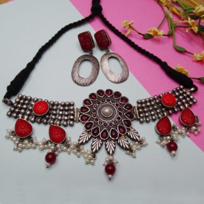 Beautifully crafted Oxidized Silver Look like Fusion Stone Choker Necklace Set