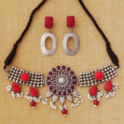 Beautifully crafted Oxidized Silver Look like Fusion Stone Choker Necklace Set