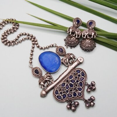 Ethnic Oxidixed Long Stone Necklace Set
