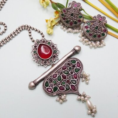 Ethnic Oxidixed Long Stone Necklace Set