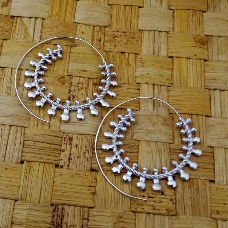 Tribal Boho Style Spiral Silver Hoops Earrings