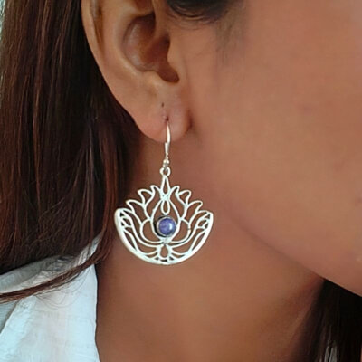 Lapis Lazuli silver lotus flower earrings