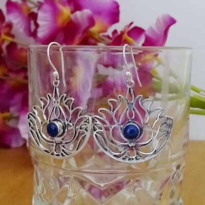 Lapis Lazuli silver lotus flower earrings