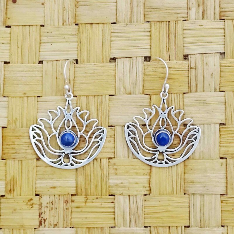 Lapis Lazuli silver lotus flower earrings