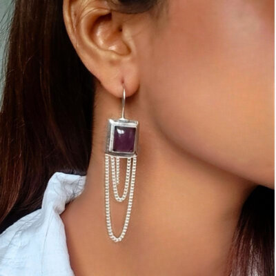 Boho Style Amethyst Silver Dangle Earrings