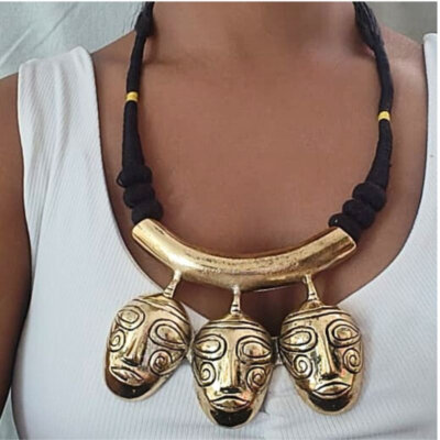 African Tribal Mask Brass Necklace, Boho statement Handmade Necklace
