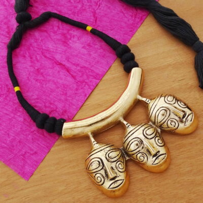 African Tribal Mask Brass Necklace, Boho statement Handmade Necklace