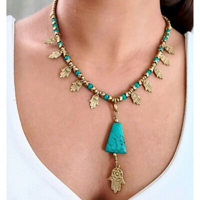 Turquoise Beads Hamsa Charms Statement Necklace