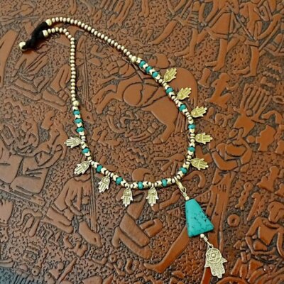 Turquoise Beads Hamsa Charms Statement Necklace