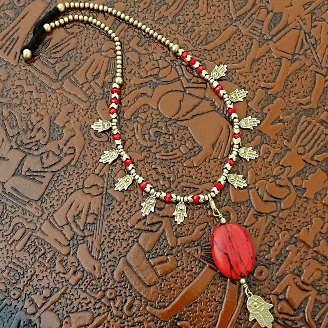 Red Stone Beads Hamsa Charms Statement Necklace Red Stone Beads Hamsa Charms Statement Necklace