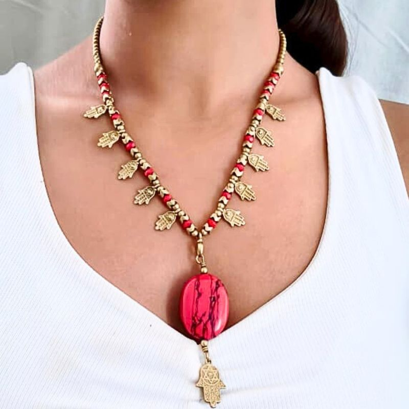 Red Stone Beads Hamsa Charms Statement Necklace Red Stone Beads Hamsa Charms Statement Necklace