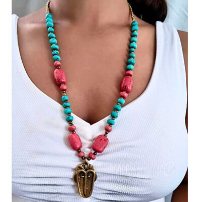 African Tribal Mask Brass Necklace, Boho statement Handmade Necklace