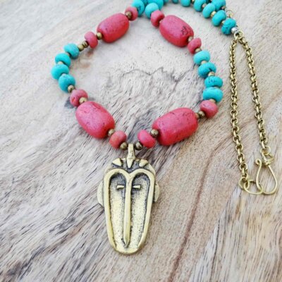African Tribal Mask Brass Necklace, Boho statement Handmade Necklace