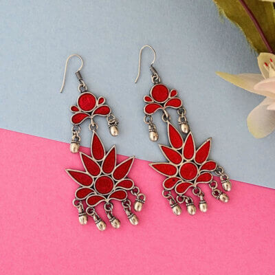 Hand Painted Enamel work Silver Oxidized Earrings