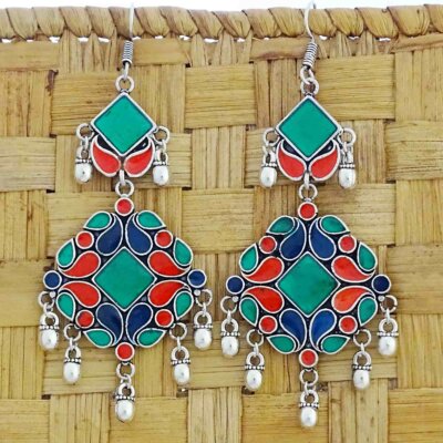 Hand Painted Enamel work Silver Oxidized Earrings