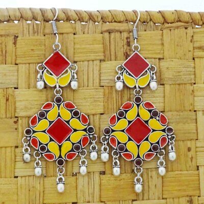 Hand Painted Enamel work Silver Oxidized Earrings
