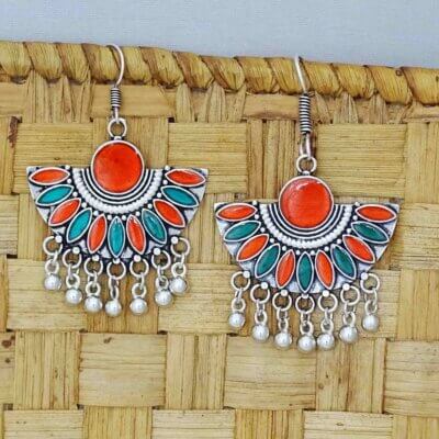 Hand Painted Enamel work Silver Oxidized Earrings