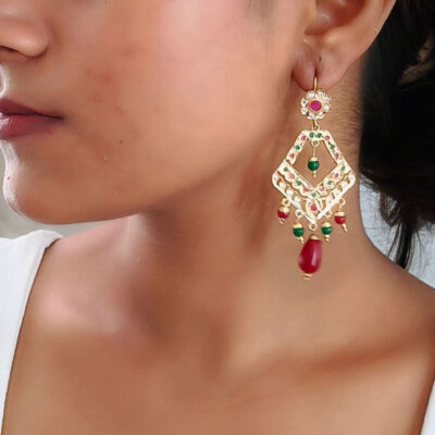 24 Carat Gold Plated Traditional Punjabi Jadau Earrings