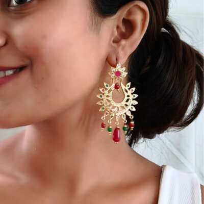 24 Carat Gold Plated Traditional Punjabi Jadau Earrings