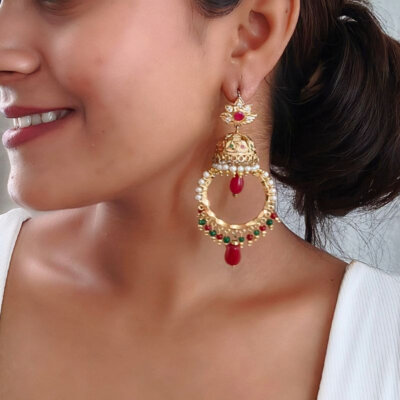 24 Carat Gold Plated Traditional Punjabi Jadau Earrings