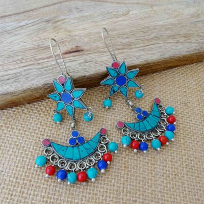 Ethnic Turquoise Coral Inlay Nepali Floral Earrings