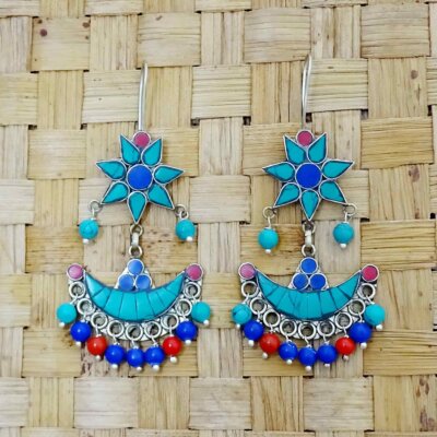 Ethnic Turquoise Coral Inlay Nepali Floral Earrings
