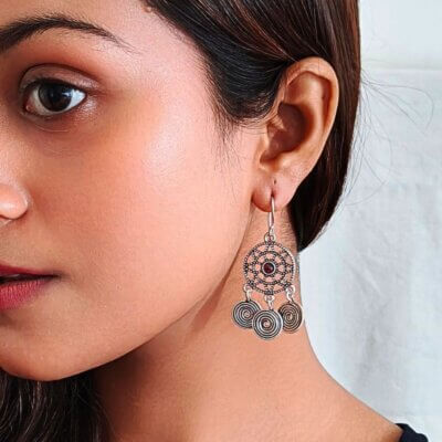 Boho Silver Mandala Amethyst Earrings