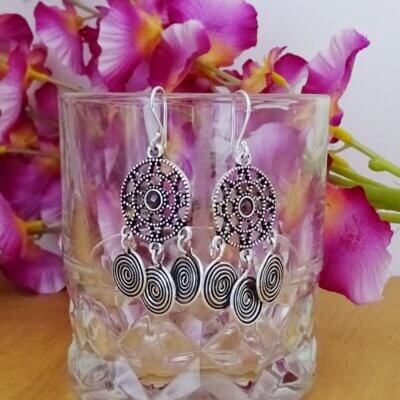 Boho Silver Mandala Amethyst Earrings