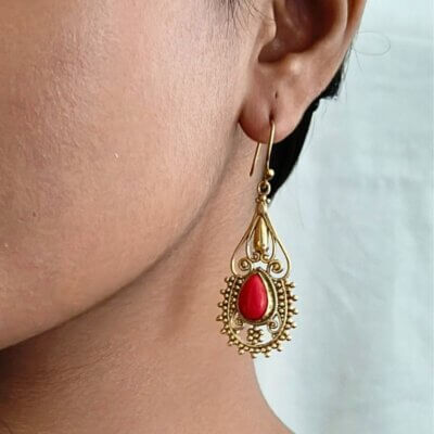 Ethnic Brass Coral Dangle Earrings